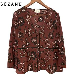 Sezane Leona floral silk blouse, burgundy, black  with peplum, size 6/34